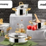 سرویس قابلمه استیل ۸پارچه اویم سارای ۲۲۱۷ مدل گلوریا دسته طلایی درب آبکش دار