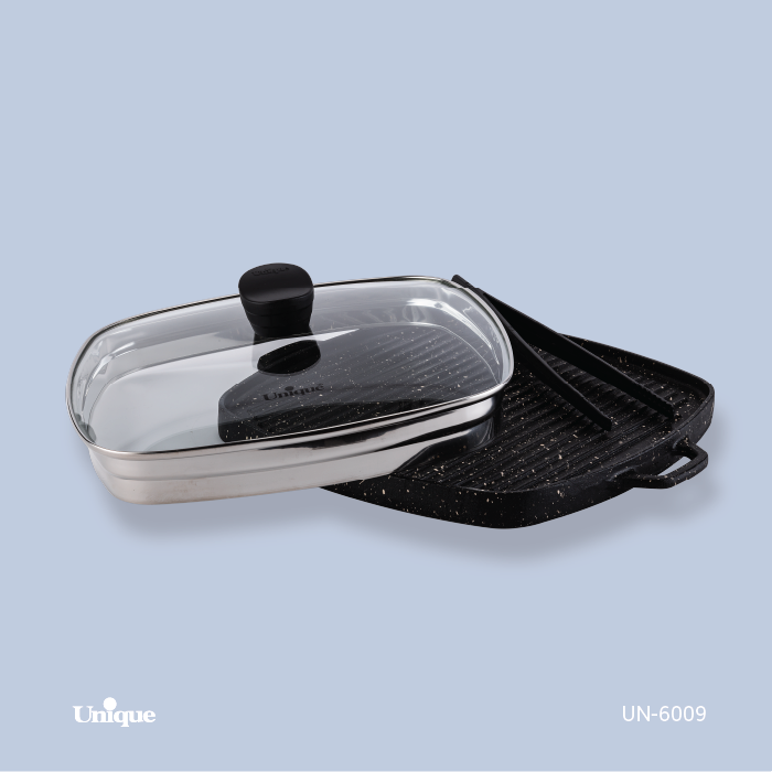 6009.png تابه گریل چدن مربع بزرگ بدون چوب یونیک UN-6009 - تصویر 1